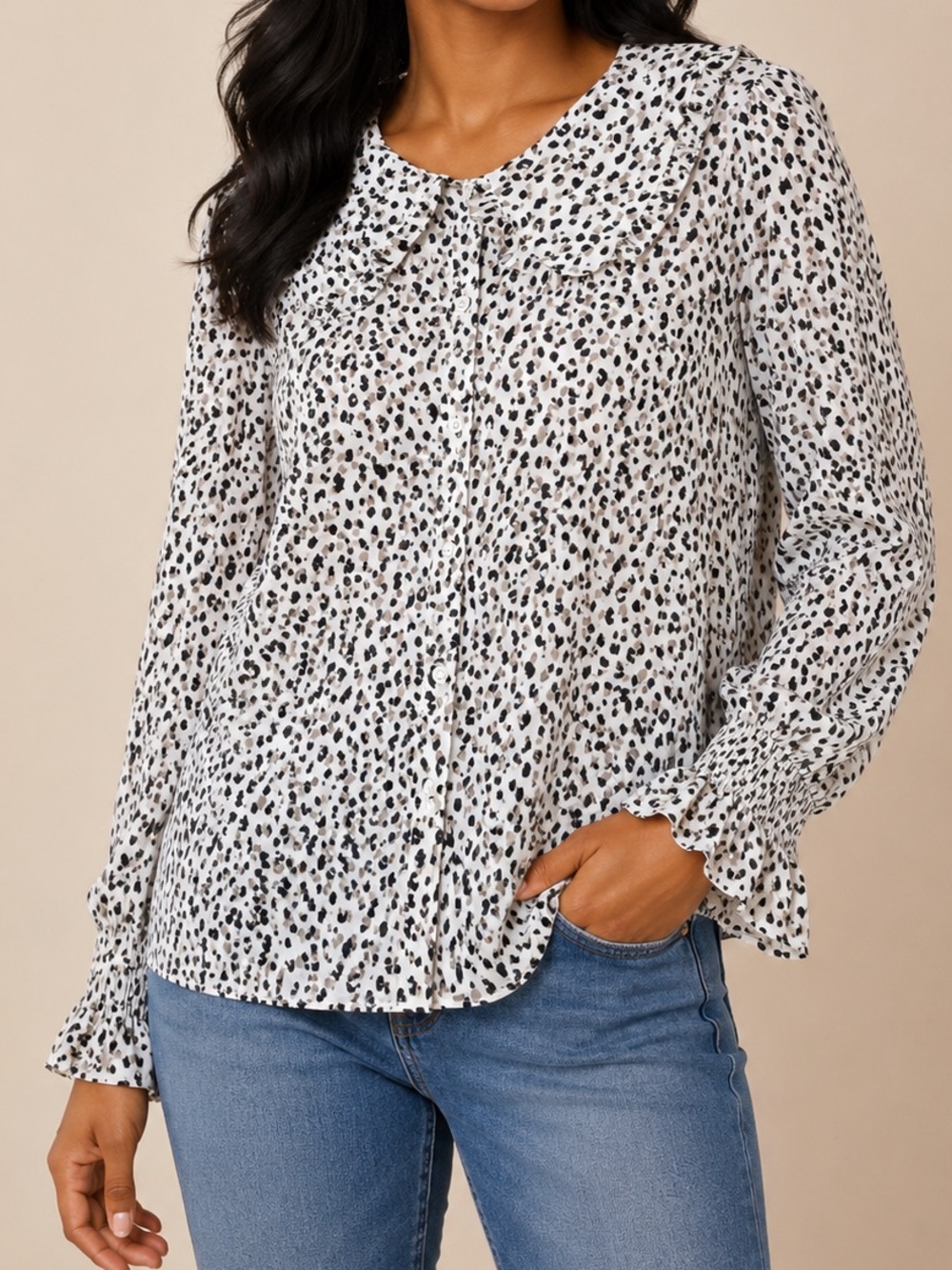 Who What Wear | Animal Printed Long-Sleeve Button-Up with Ruffle Collar & Wrists